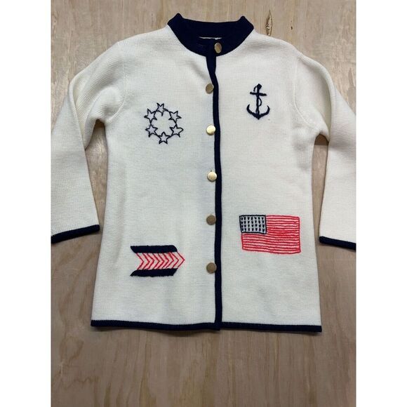 VTG 60s Ivory Wool Navy Trim Gold Button Cardigan w Sailing Boating Embroidery S - Picture 1 of 6